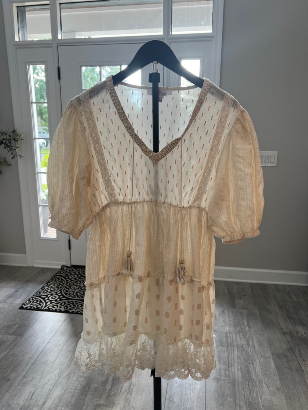 Turks and Caicos Boho Lace 100% Cotton Cream Tierred Tunic Dress Sz L